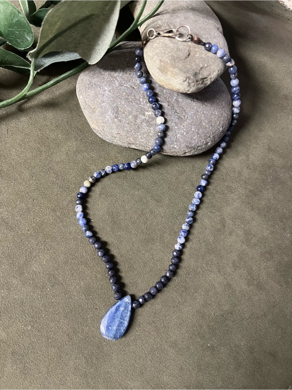 Blue Sodalite Beaded Necklace with Teardrop Pendant - Women Jewelry